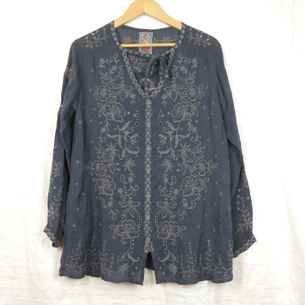 Johnny Was Monroe Embroidered Blouse Top Womens M Gray Rayon Tunic Boho Cottage